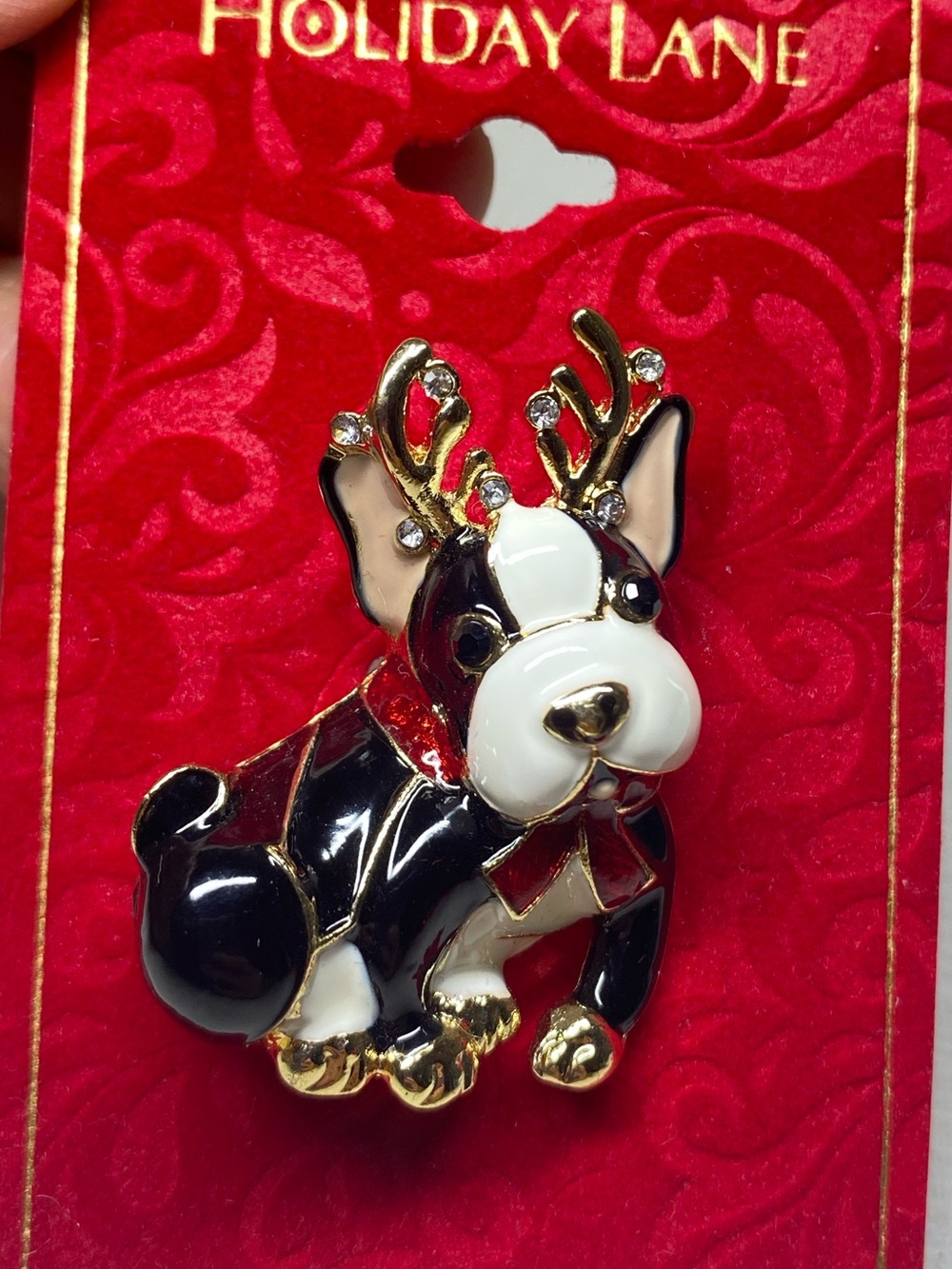 Holiday Lane Pin Brooch French Bulldog Sparkling Rhinestone Rain Deer Antlers